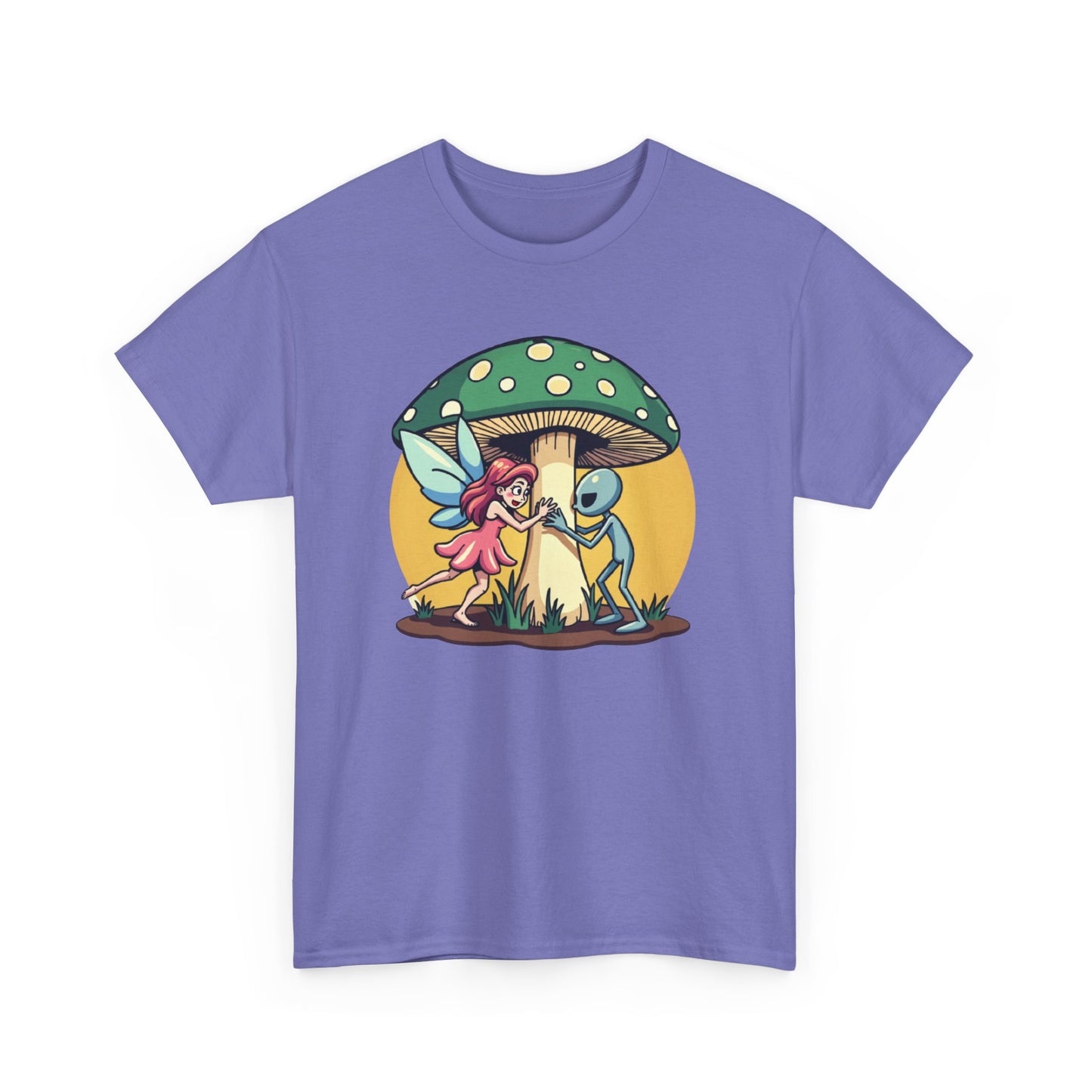 Alien chased by Fairy, Mushroom Unisex Heavy Cotton Tee - Psychonaut Swag
