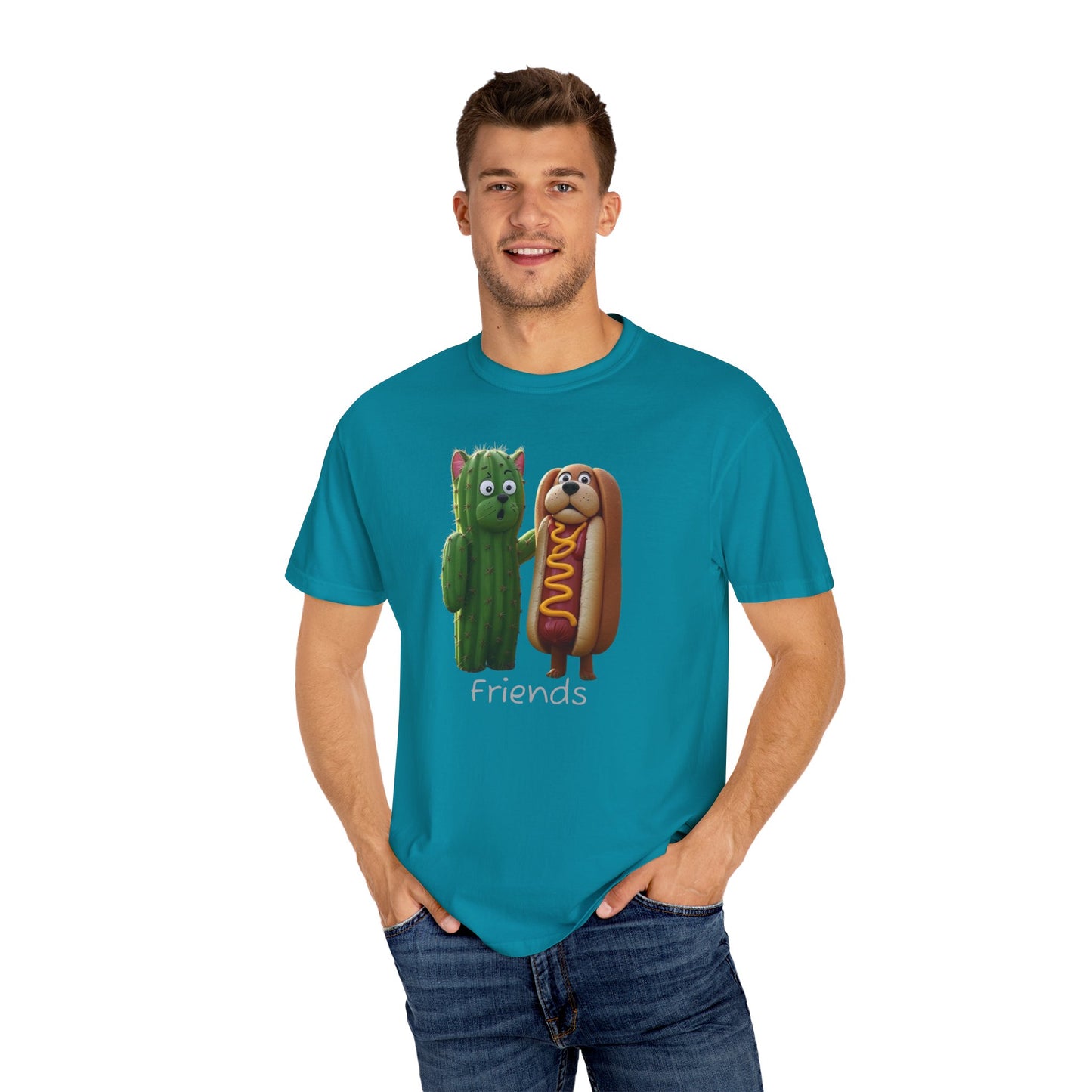 Friends Cactus and Hot Dog, Cartoon T-Shirt, Cute Tee for Kids and Adults, Humorous Gift for Food Lovers, Summer Casual Wear, Birthday Gift