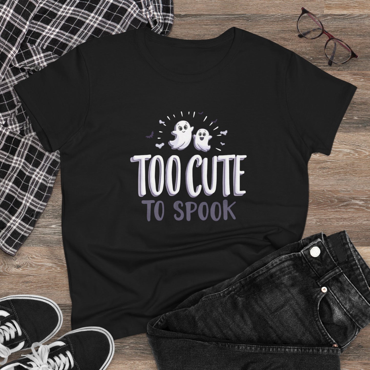 Too Cute to Spook Women's Cotton Tee, Halloween T-Shirt, Ghostly Graphic Tee, Casual Fall Apparel, Fun Halloween Outfit