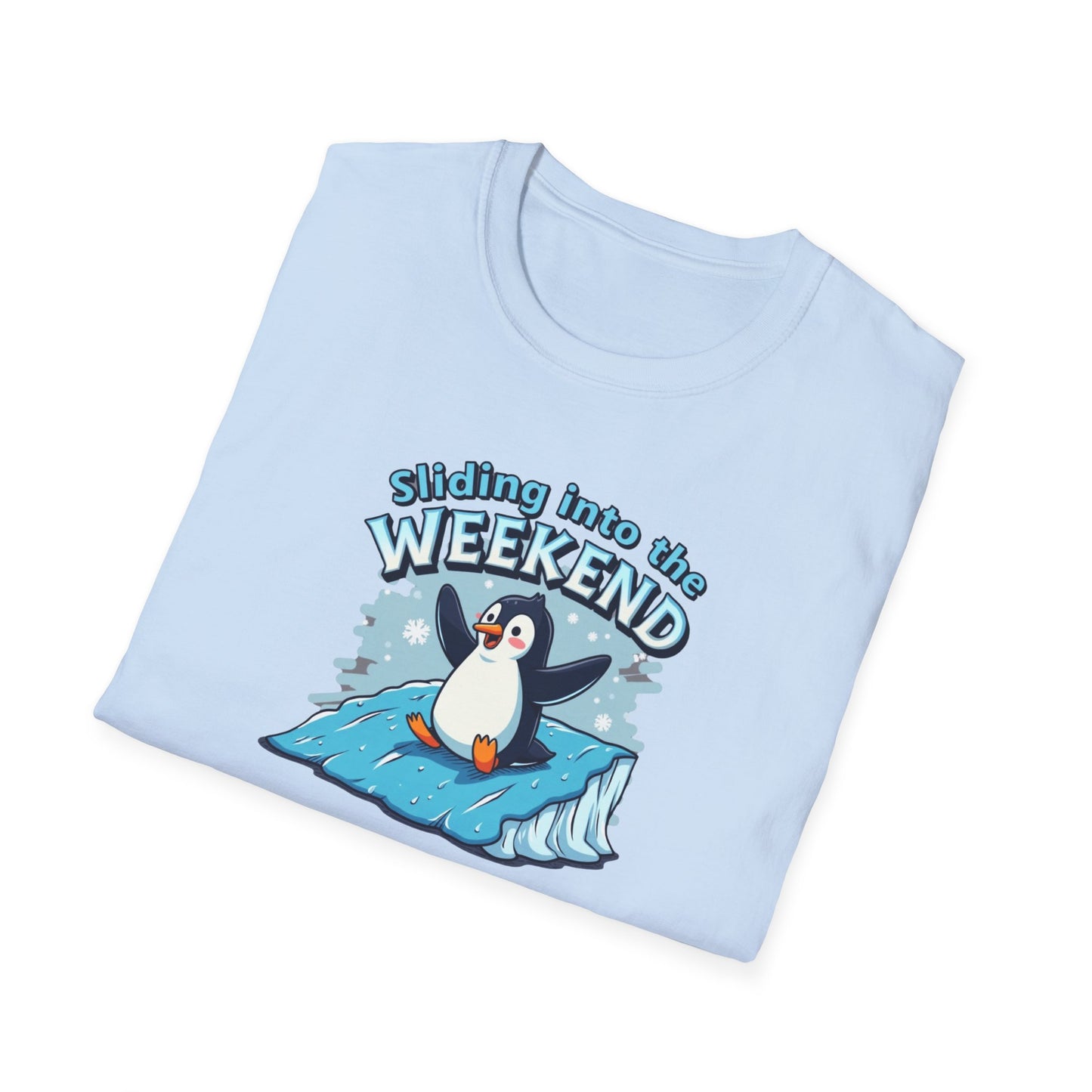 Sliding Penguin, Weekend Vibes T-Shirt, Funny Graphic Tee, Penguin Design Shirt, Casual Apparel, Unisex Softstyle T-Shirt - Psychonaut Swag