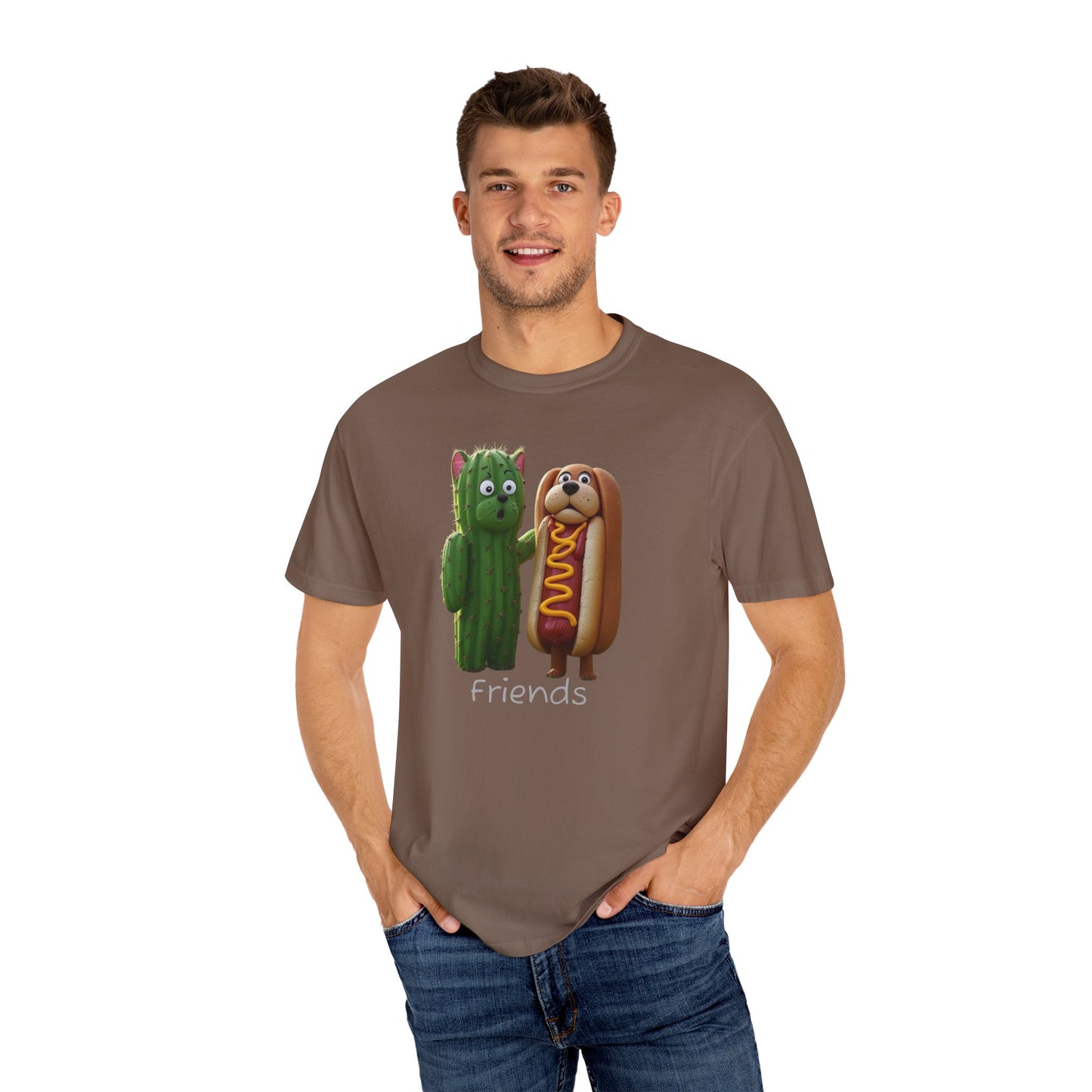 Friends Cactus and Hot Dog, Cartoon T-Shirt, Cute Tee for Kids and Adults, Humorous Gift for Food Lovers, Summer Casual Wear, Birthday Gift