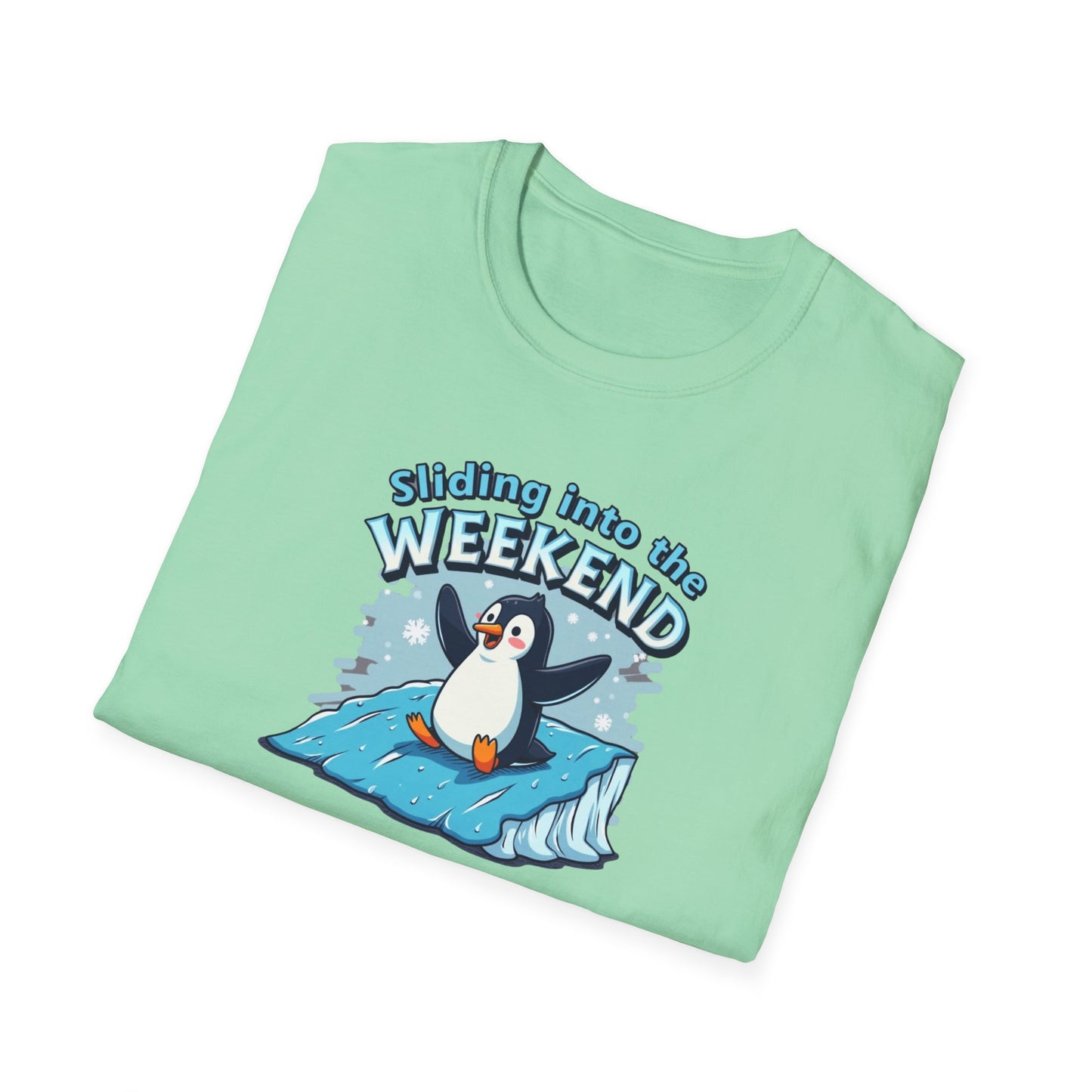 Sliding Penguin, Weekend Vibes T-Shirt, Funny Graphic Tee, Penguin Design Shirt, Casual Apparel, Unisex Softstyle T-Shirt - Psychonaut Swag
