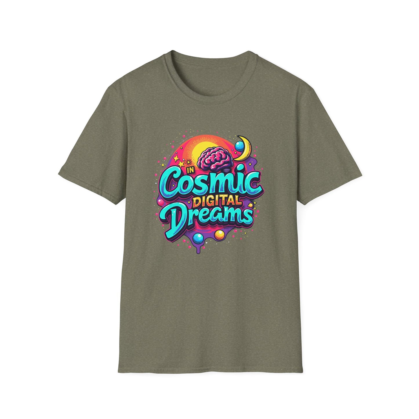Cosmic Digital Dreams Unisex Softstyle T-Shirt - Vibrant Space-Inspired Design - Psychonaut Swag