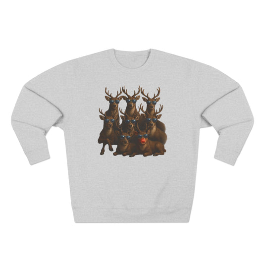 Cozy Reindeer Family Photo, Crewneck Sweatshirt — Rustic Holiday Wildlife Design