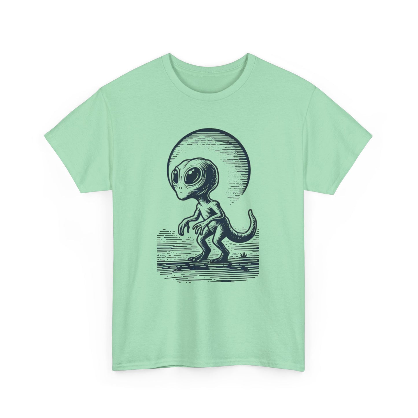 Dinosaur Hybrid, Graphic Unisex Heavy Cotton Tee | UFO Lover T-Shirt | Space-Themed Apparel - Psychonaut Swag