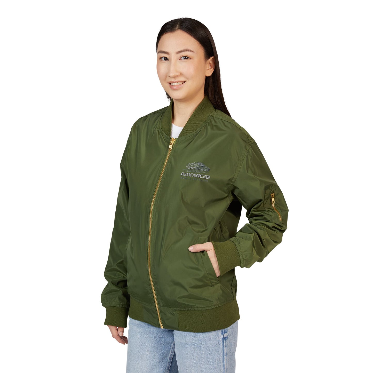 Advanced small biz swag, Stylish Embroidered Recycled Bomber Jacket, Eco-Friendly Fashion, Sustainable Apparel, Casual Outerwear, Gift for Her