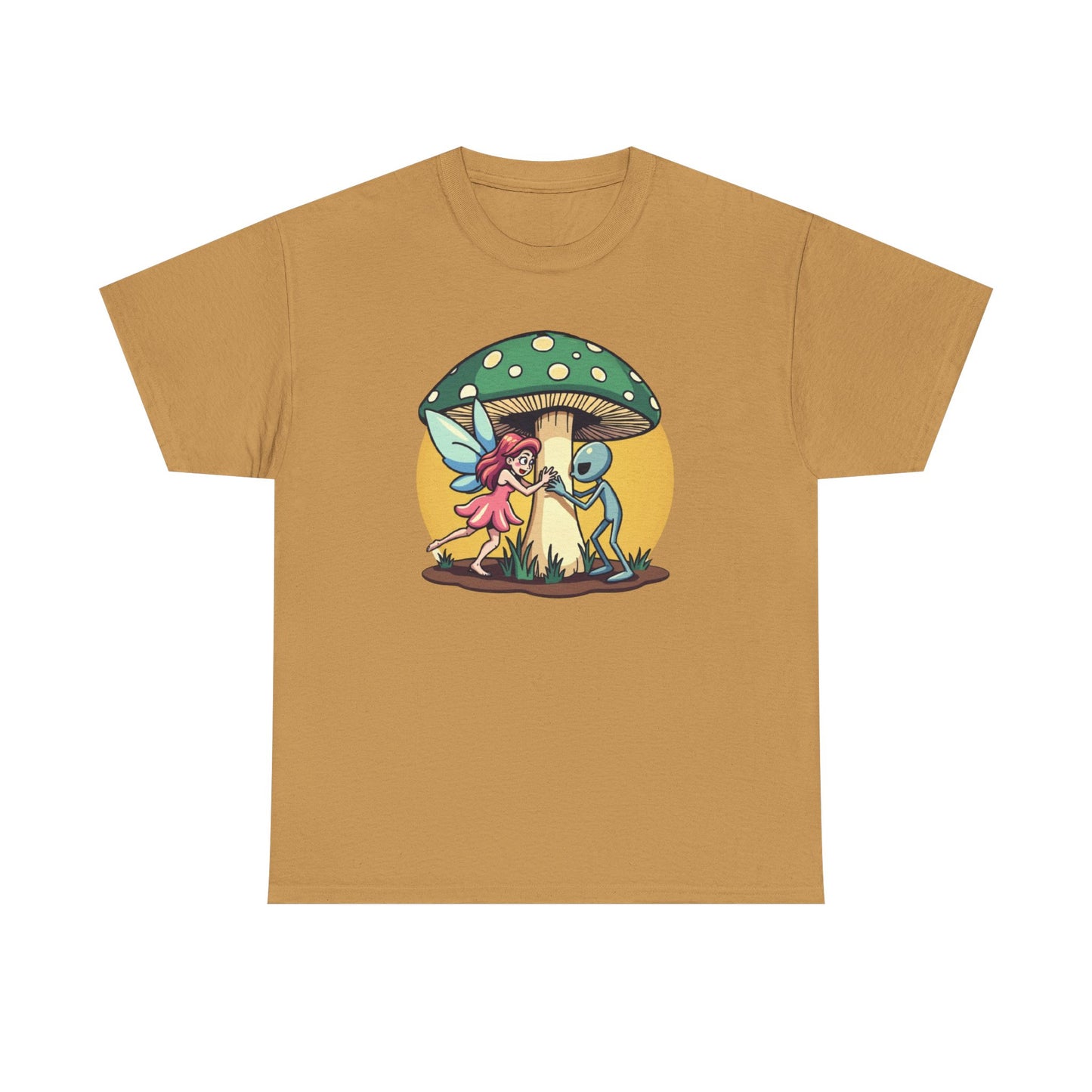Alien chased by Fairy, Mushroom Unisex Heavy Cotton Tee - Psychonaut Swag