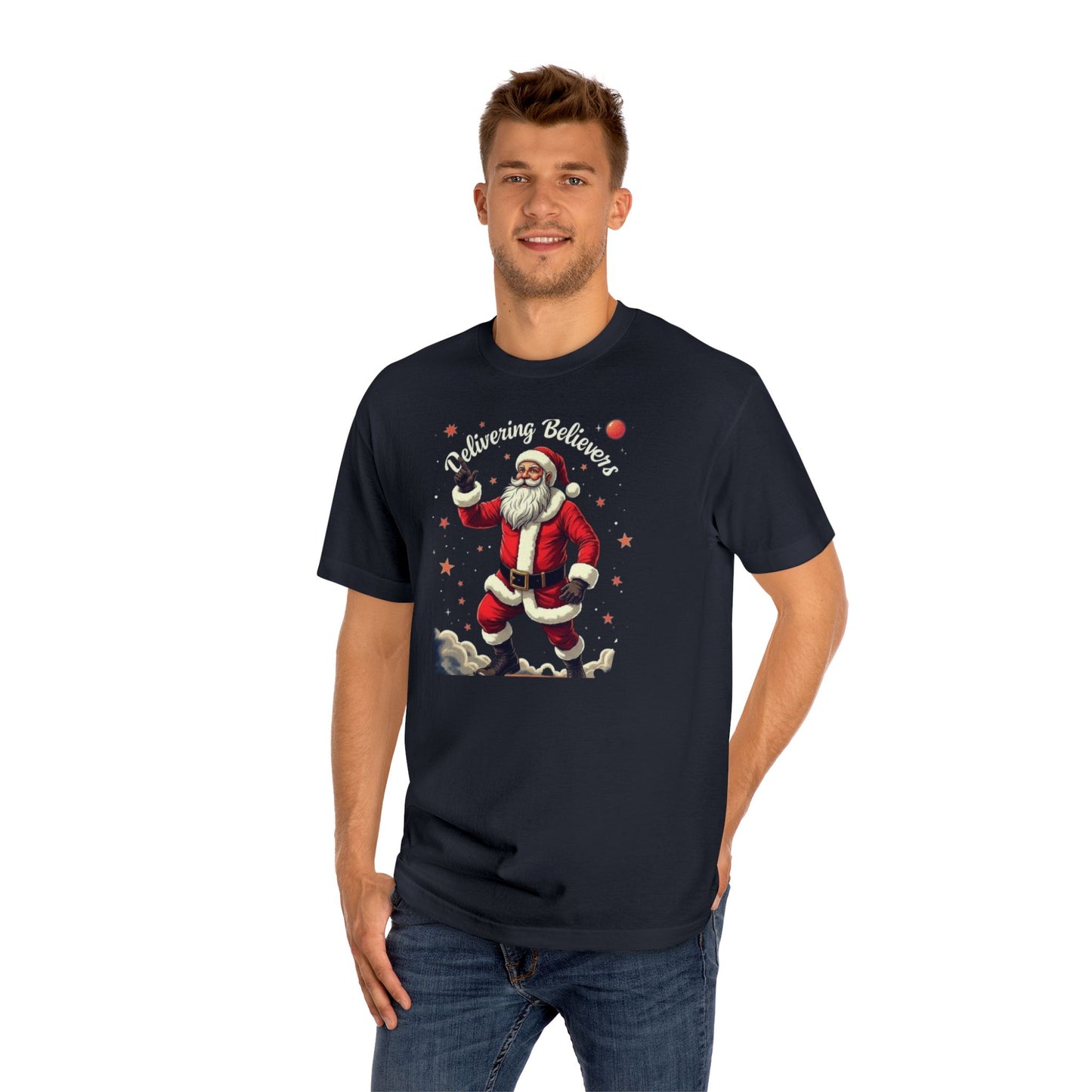 Santa Space Tee — "Delivering Believers" Cosmic Explorer Christmas T‑Shirt