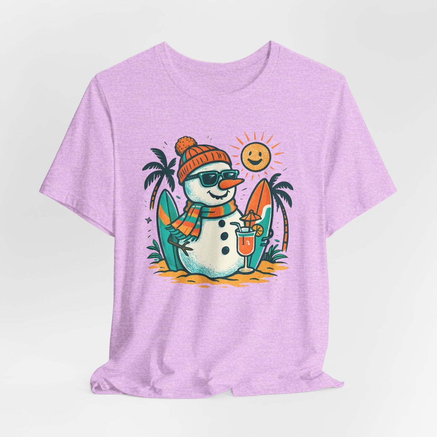 Frosty on Vacation Graphic Tee — Surfing Snowman with Drink Summer Holiday T-Shirt