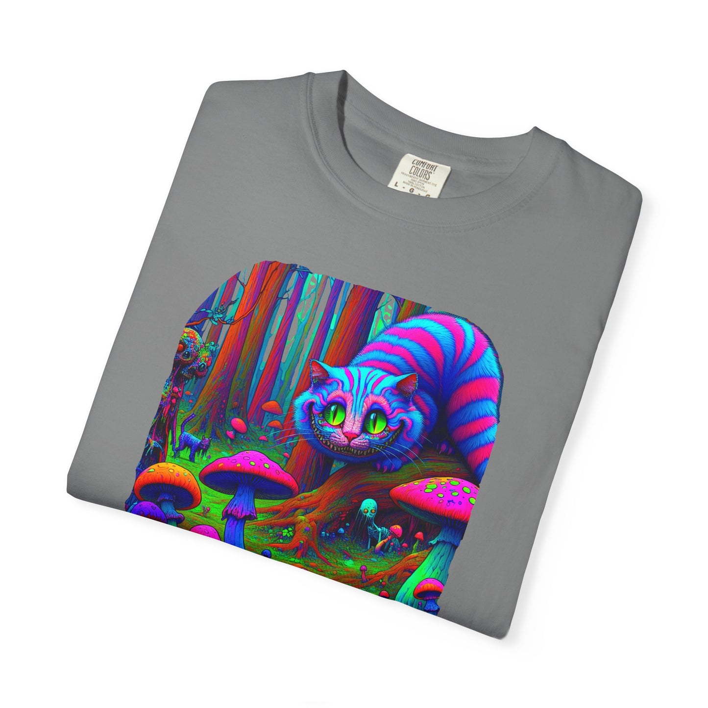 Curious Cat with mushrooms, Unisex Garment-Dyed T-shirt - Psychonaut Swag