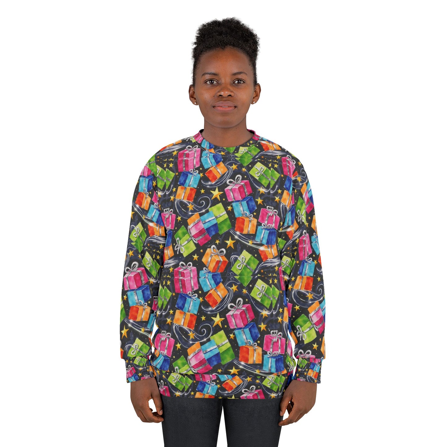 Gift Pattern Ugly Christmas Sweatshirt - Colorful Presents All-Over Print Holiday Pullover