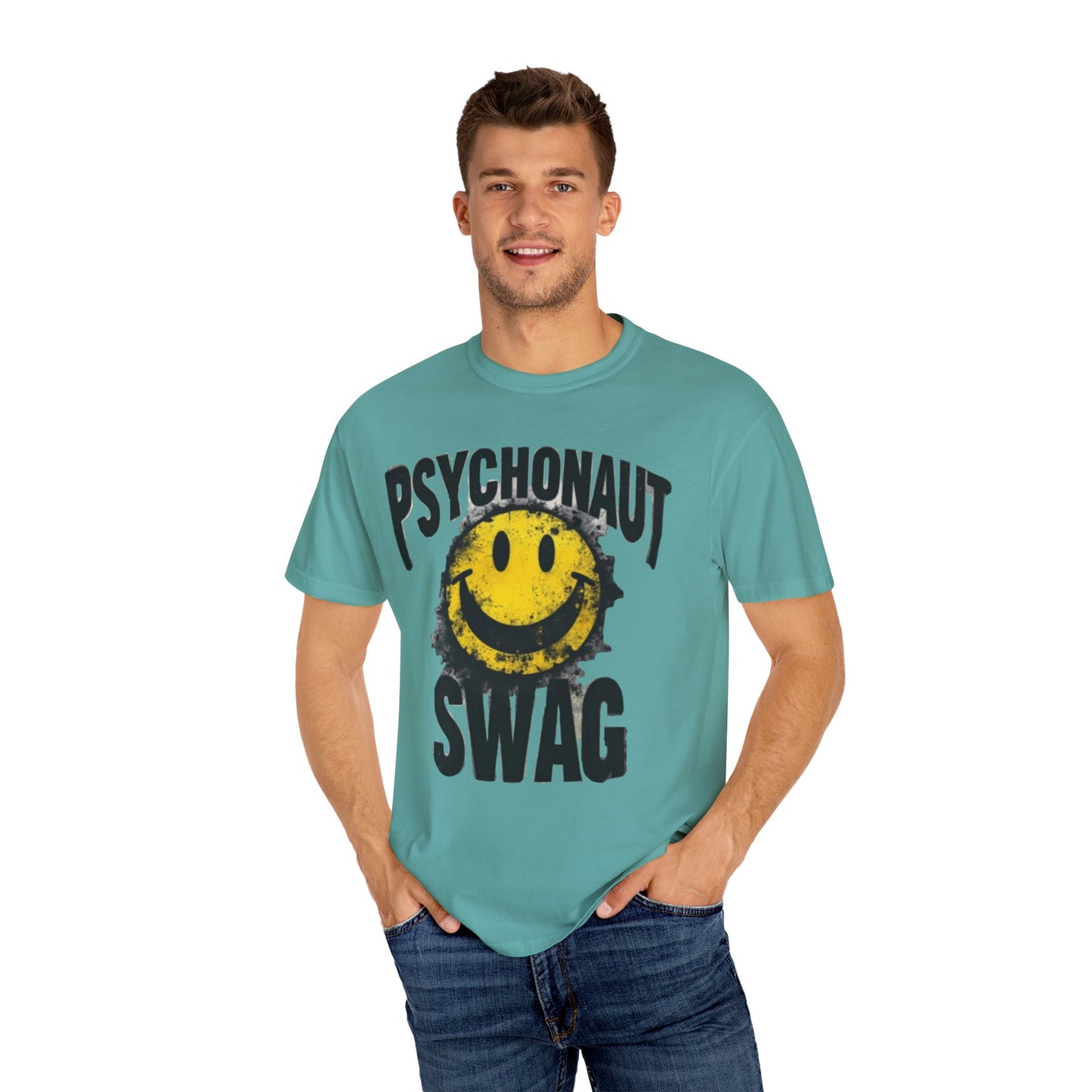 Psychonaut Swag Yellow Smiley Face, Trendy Graphic Tee for Festival Lovers, Casual Wear, Gifts, Street Style