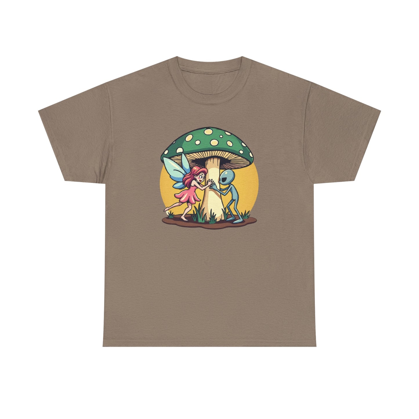 Alien chased by Fairy, Mushroom Unisex Heavy Cotton Tee - Psychonaut Swag