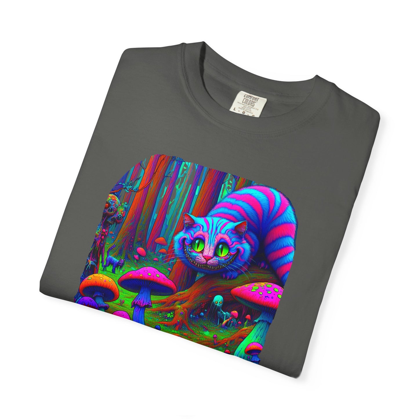 Curious Cat with mushrooms, Unisex Garment-Dyed T-shirt - Psychonaut Swag