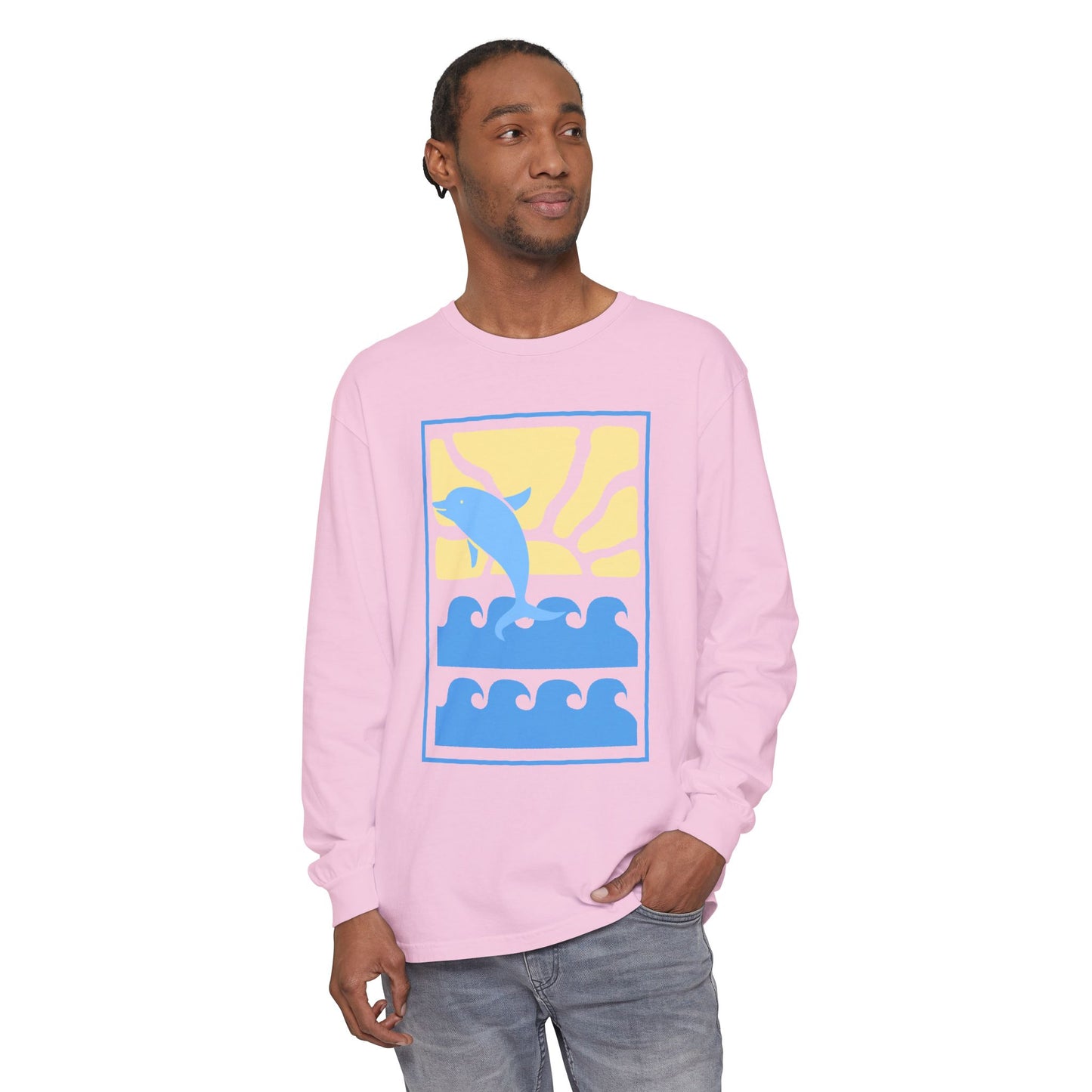 Sunset Dolphin Unisex Garment-dyed Long Sleeve T-Shirt - Psychonaut Swag