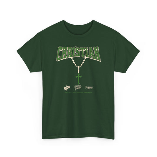 Christian Graphic Tee — Green Rosary Cross Shirt