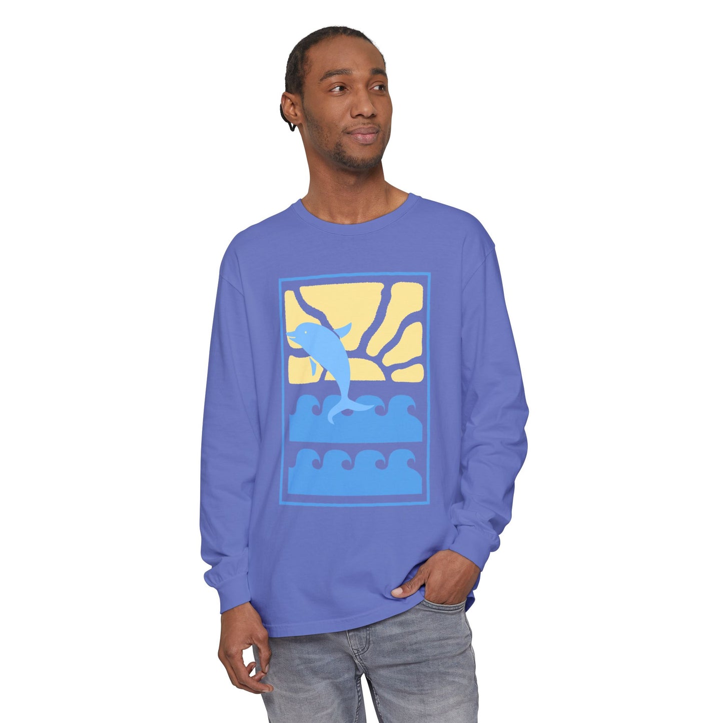 Sunset Dolphin Unisex Garment-dyed Long Sleeve T-Shirt - Psychonaut Swag