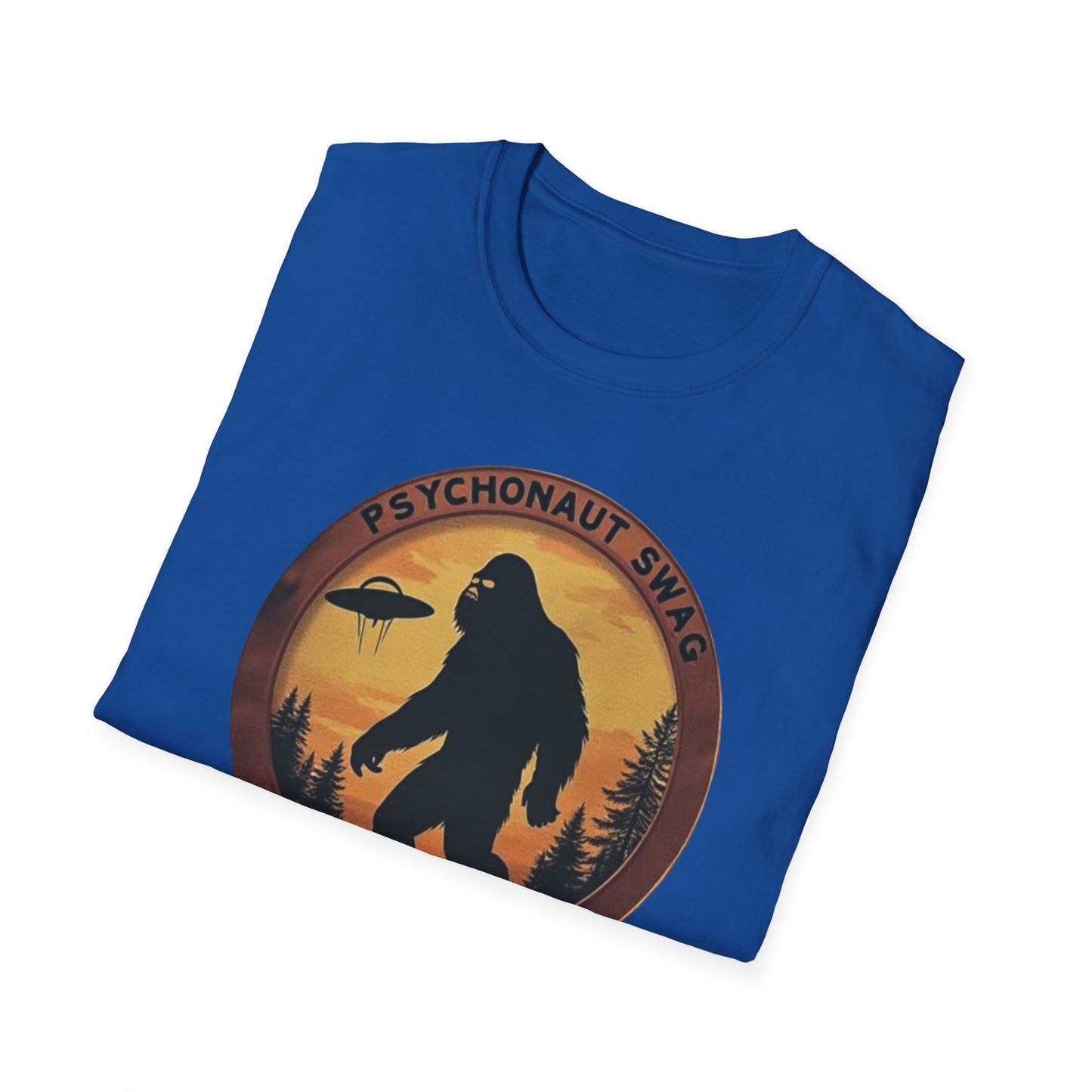 Bigfoot and UFO, Unisex Softstyle T-Shirt, Trendy Graphic Tee, Funny Bigfoot Shirt, Adventure Apparel, Gift for Nature Lovers