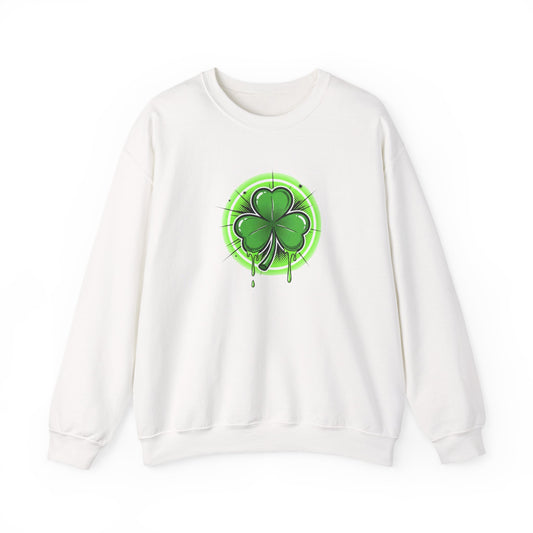 Oozing with Luck, Four-Leaf Clover Crewneck Sweatshirt — Neon Lucky Shamrock St. Patrick’s Day Pullover