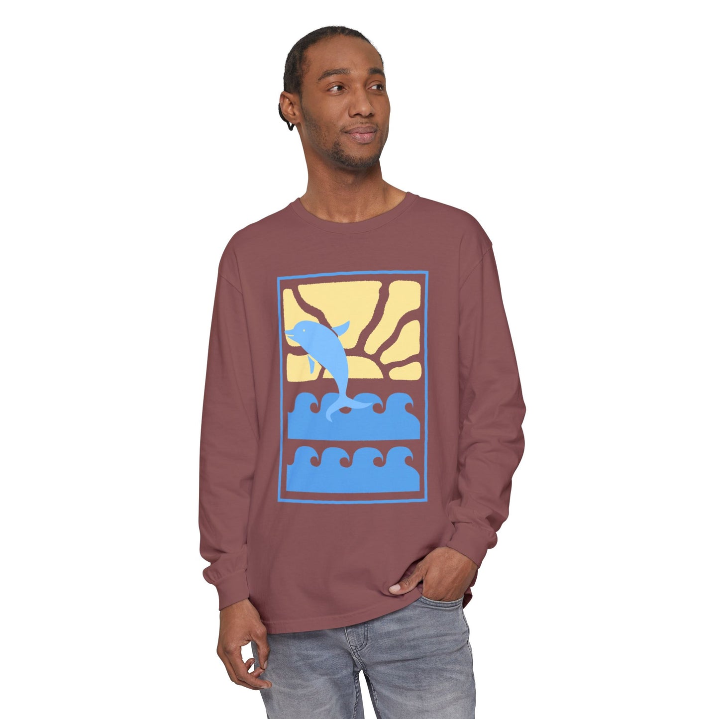 Sunset Dolphin Unisex Garment-dyed Long Sleeve T-Shirt - Psychonaut Swag