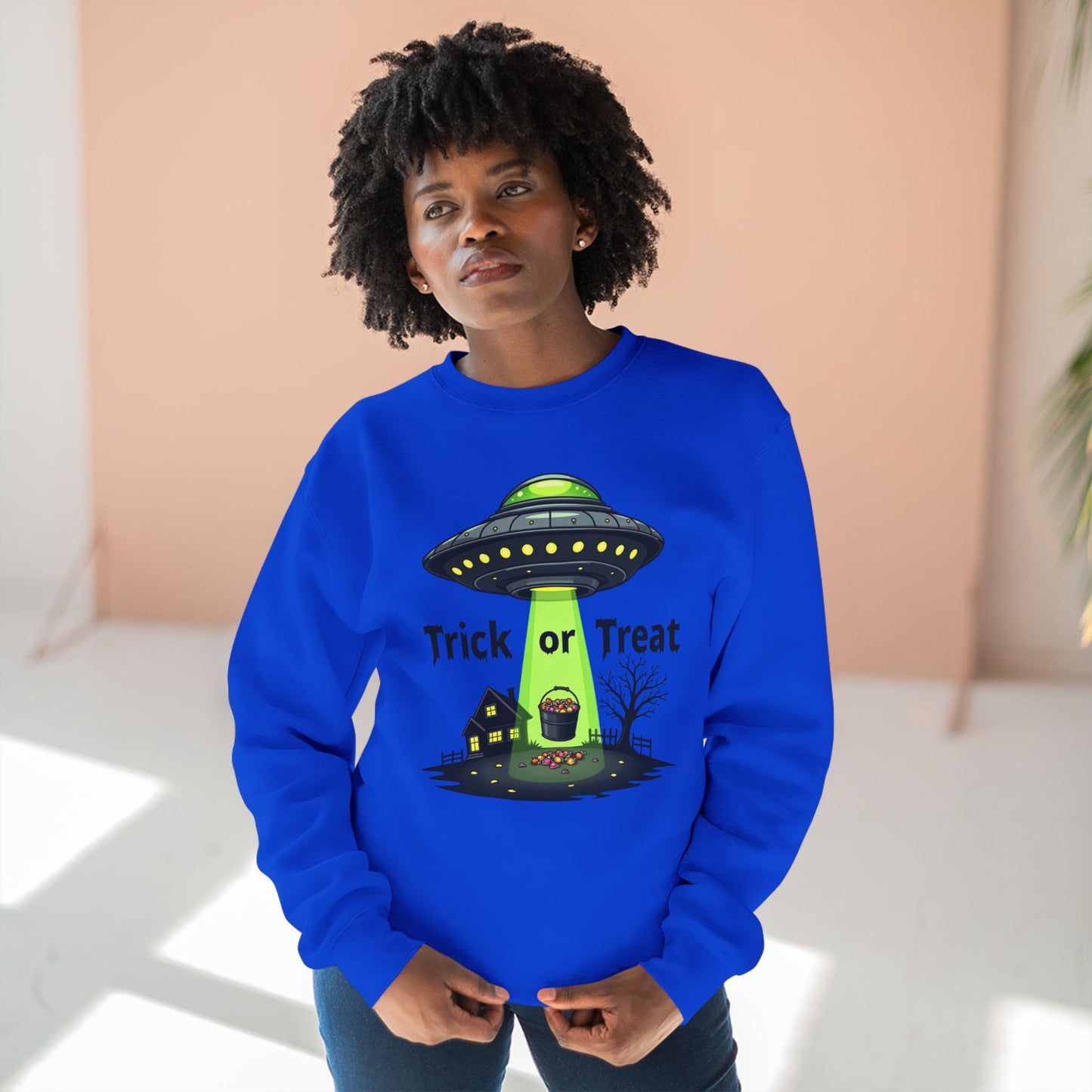 Halloween UFO Sweatshirt - "Trick or Treat" Alien Abduction Crewneck