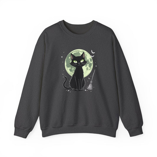 Black Cat Moon Crewneck Sweatshirt — Cute Witchy Cat Graphic