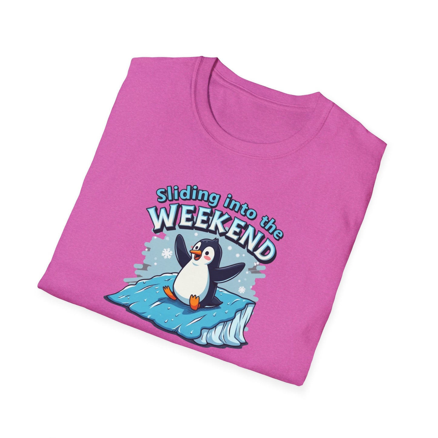 Sliding Penguin, Weekend Vibes T-Shirt, Funny Graphic Tee, Penguin Design Shirt, Casual Apparel, Unisex Softstyle T-Shirt - Psychonaut Swag