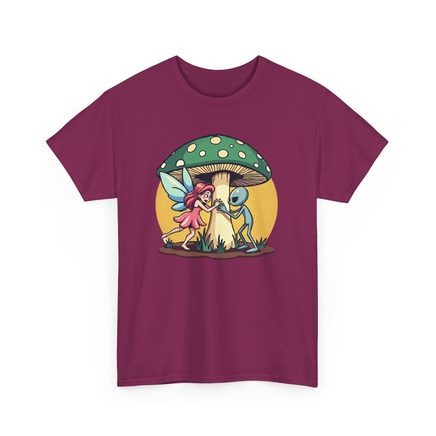 Alien chased by Fairy, Mushroom Unisex Heavy Cotton Tee - Psychonaut Swag