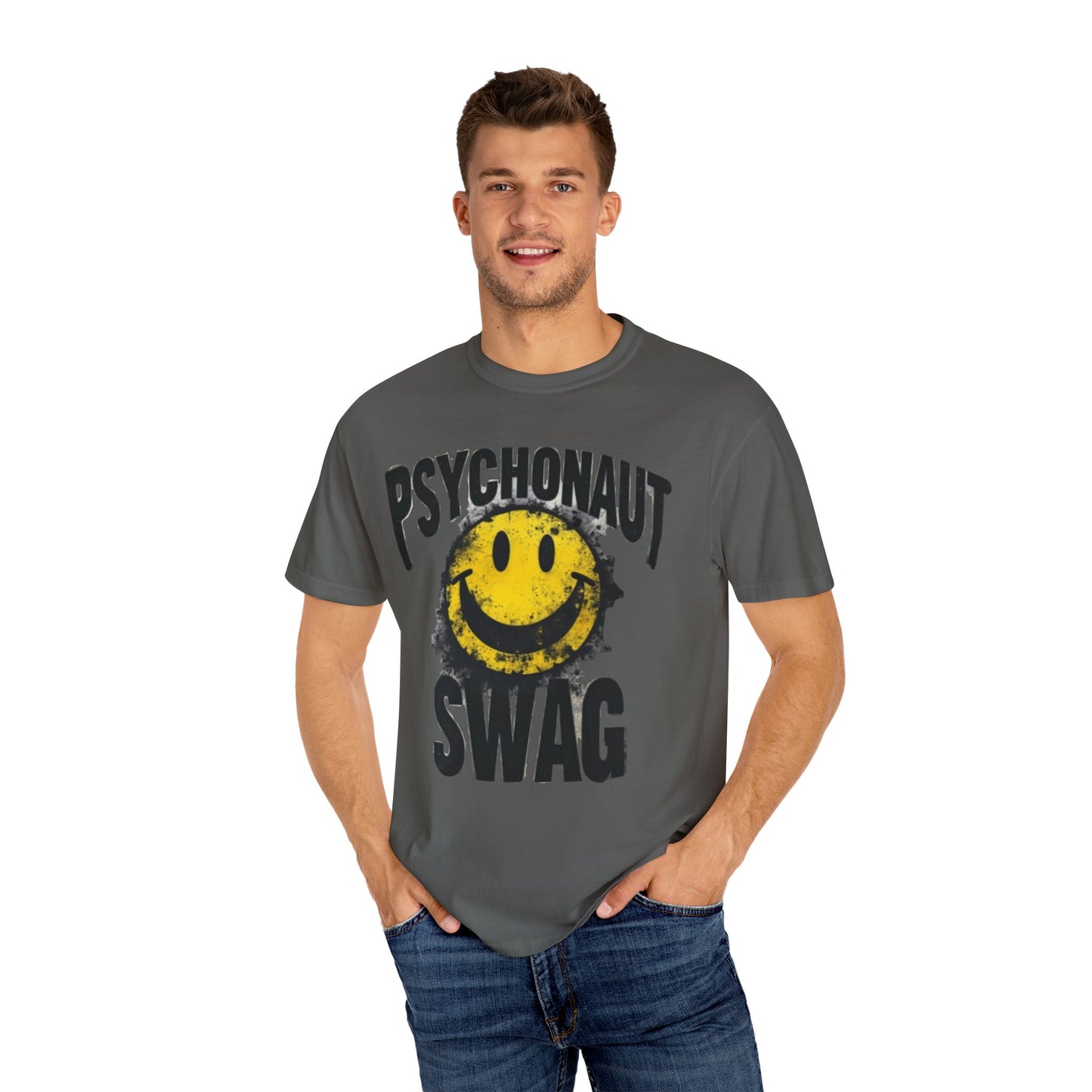 Psychonaut Swag Yellow Smiley Face, Trendy Graphic Tee for Festival Lovers, Casual Wear, Gifts, Street Style