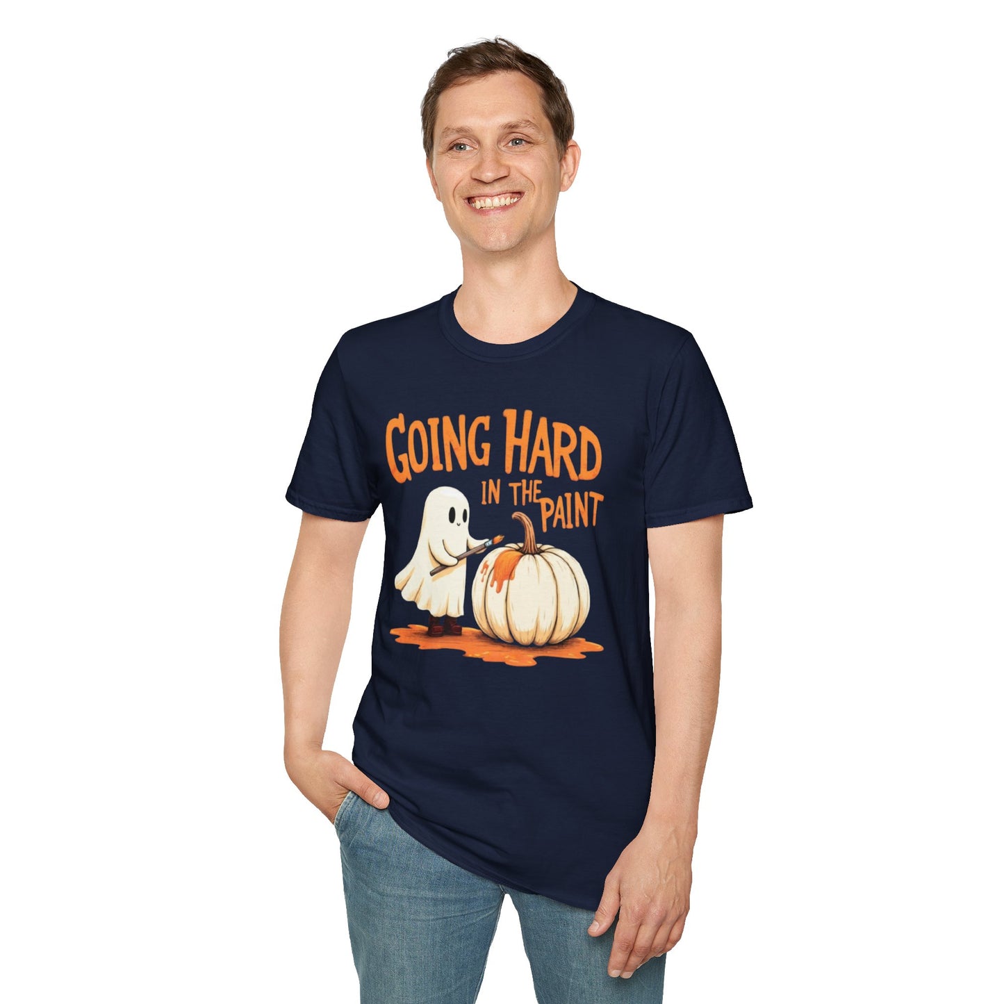Halloween Ghost painting, T-Shirt, Fun Halloween Shirt, Unisex Softstyle Tee, Autumn Apparel, Pumpkin Design Tee