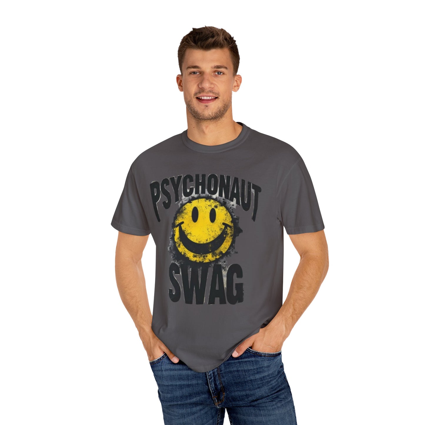 Psychonaut Swag Yellow Smiley Face, Trendy Graphic Tee for Festival Lovers, Casual Wear, Gifts, Street Style