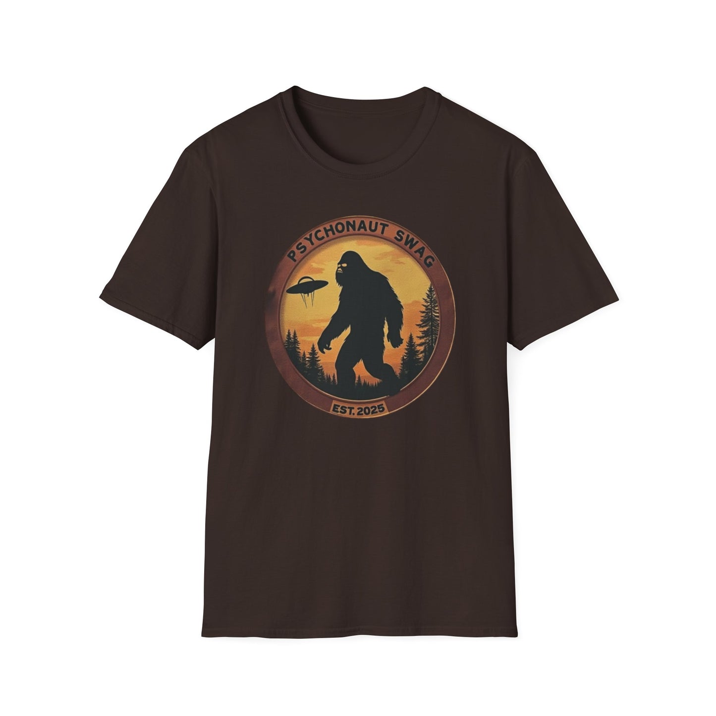 Bigfoot and UFO, Unisex Softstyle T-Shirt, Trendy Graphic Tee, Funny Bigfoot Shirt, Adventure Apparel, Gift for Nature Lovers