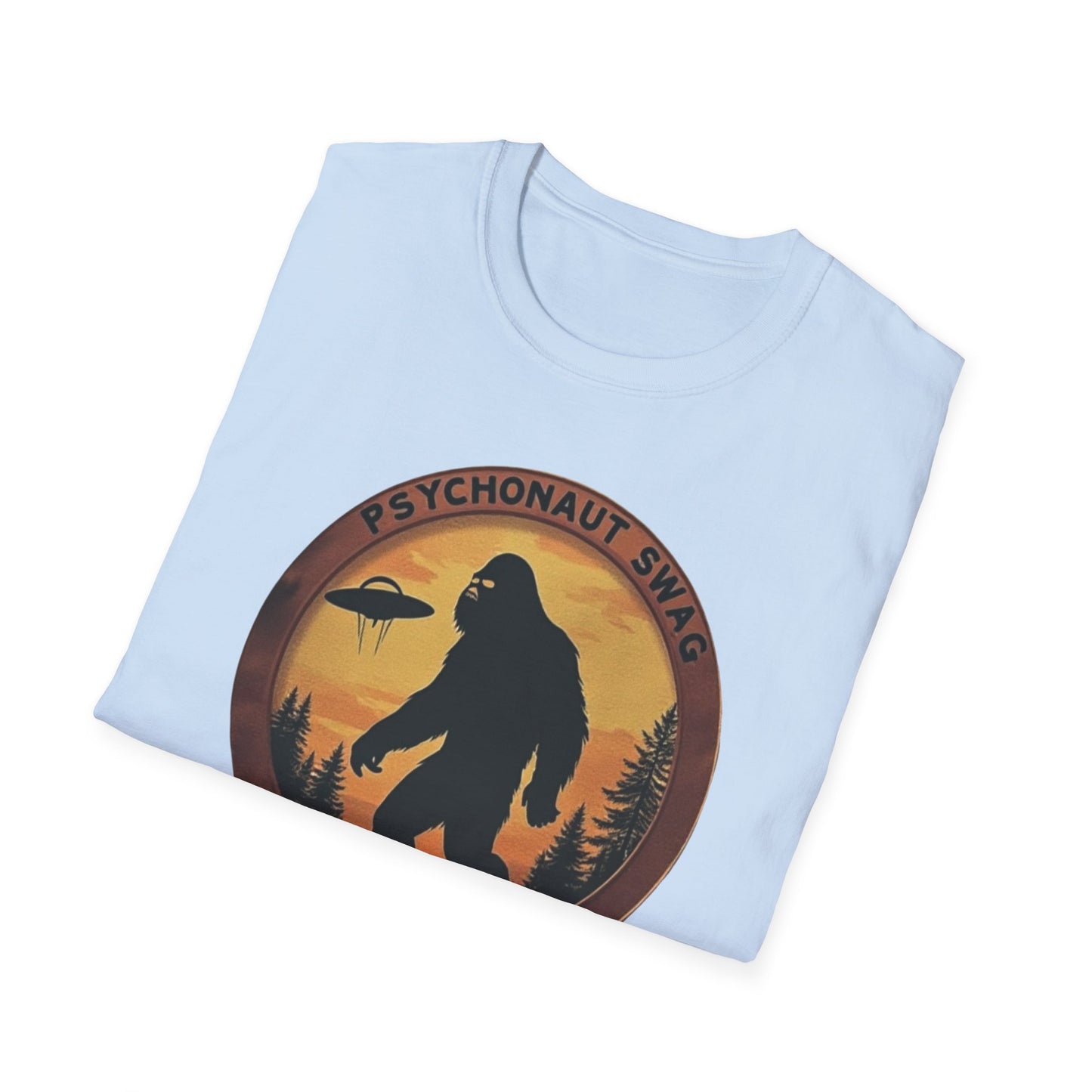 Bigfoot and UFO, Unisex Softstyle T-Shirt, Trendy Graphic Tee, Funny Bigfoot Shirt, Adventure Apparel, Gift for Nature Lovers