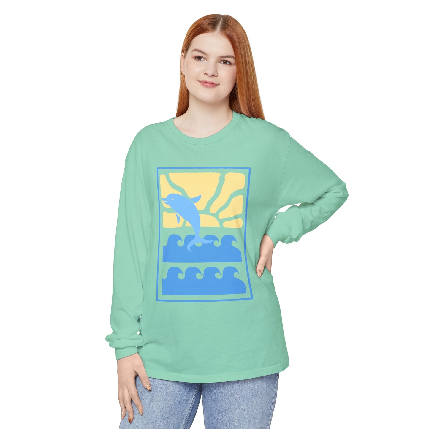 Sunset Dolphin Unisex Garment-dyed Long Sleeve T-Shirt - Psychonaut Swag