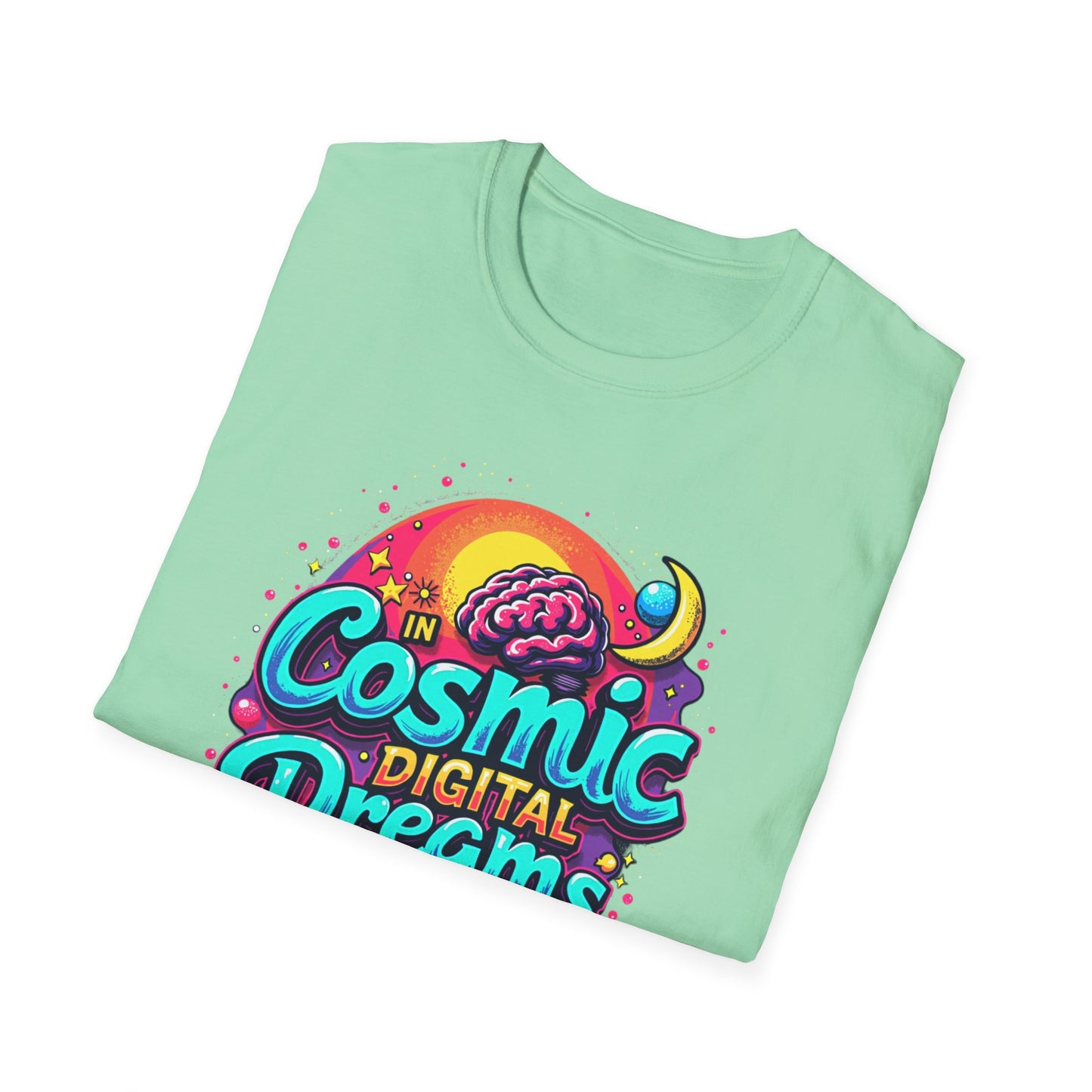 Cosmic Digital Dreams Unisex Softstyle T-Shirt - Vibrant Space-Inspired Design - Psychonaut Swag