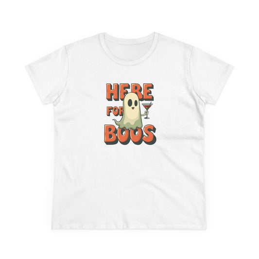 Here for Boos Halloween Ghost Tee — Funny Women’s Halloween T-Shirt with Cocktail Ghost