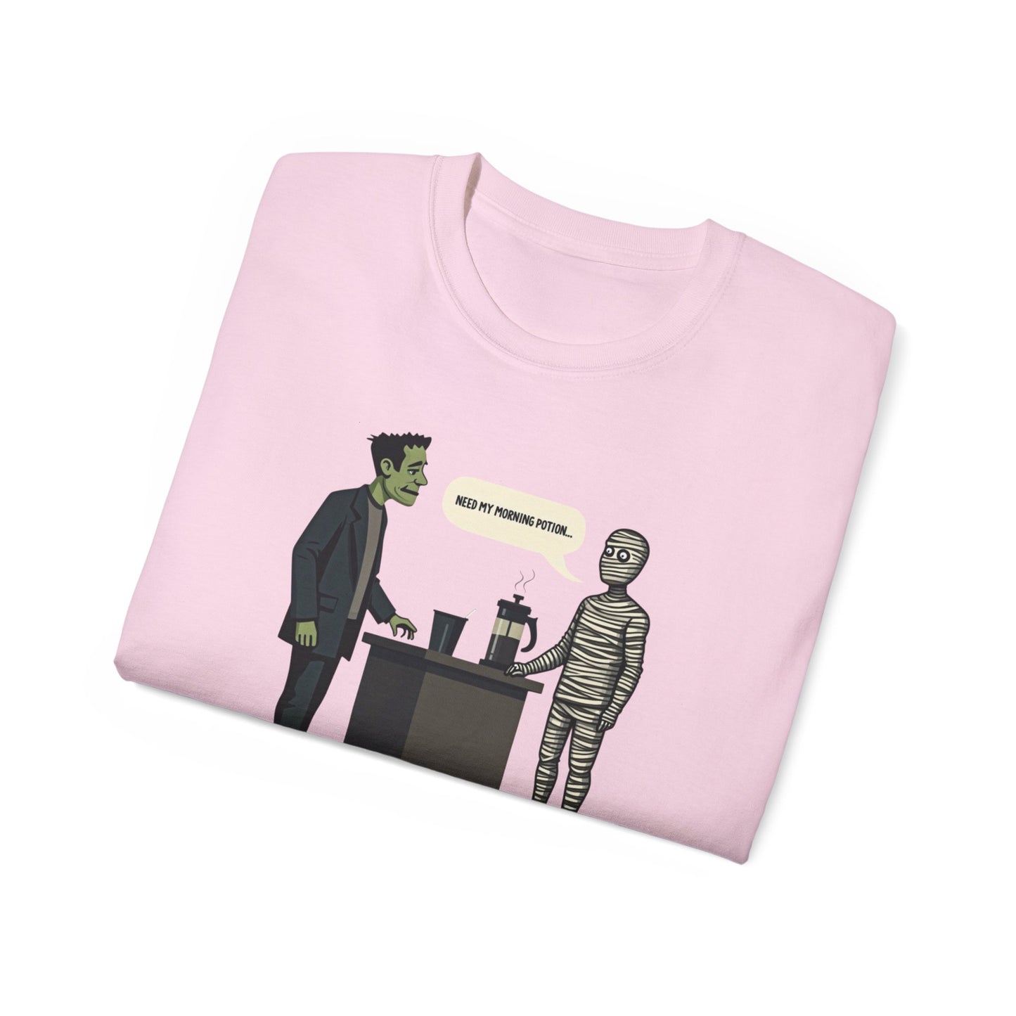 Funny Halloween Tee — Frankenstein & Mummy Coffee Joke Shirt