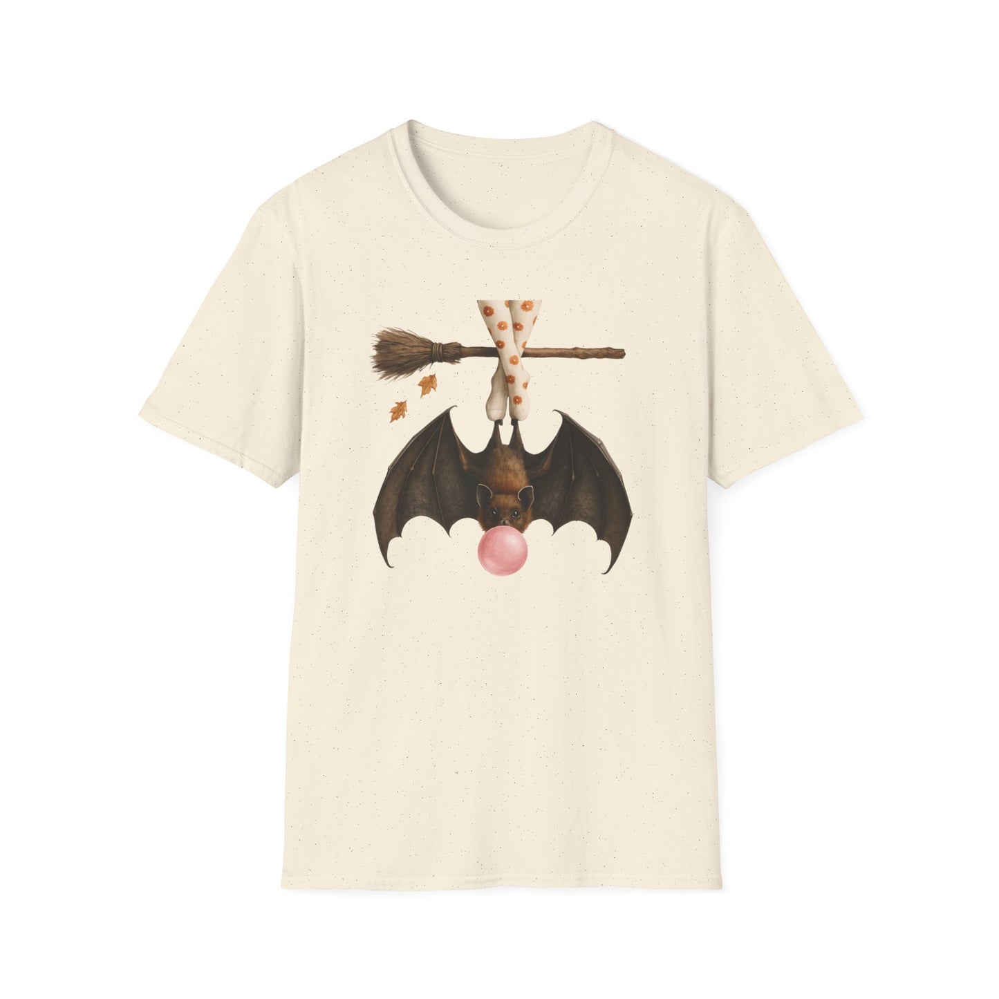 Bat and Bubblegum Unisex Softstyle T-Shirt, Halloween Top, Whimsical Graphic Tee, Cute Gift for Animal Lovers, Fall Vibes