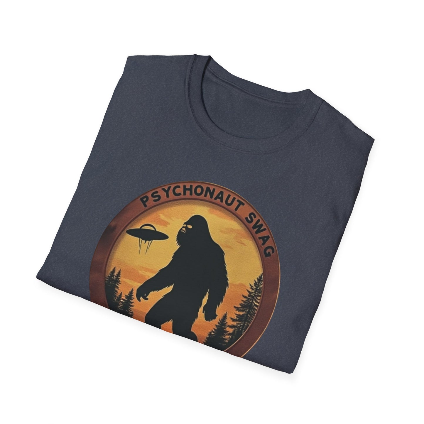 Bigfoot and UFO, Unisex Softstyle T-Shirt, Trendy Graphic Tee, Funny Bigfoot Shirt, Adventure Apparel, Gift for Nature Lovers