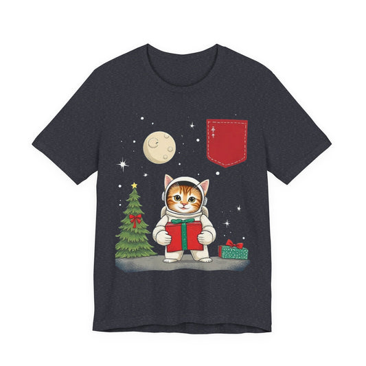 Christmas Cat Faux Pocket — Cute Holiday Cat Holding Gift Night Sky T-Shirt