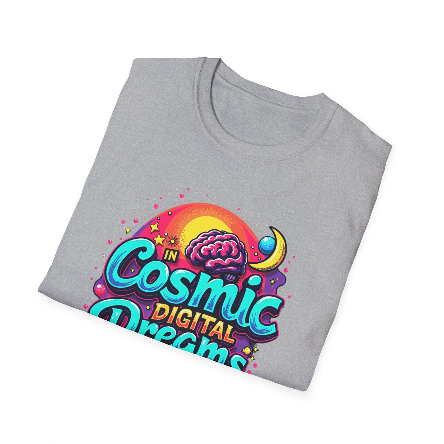 Cosmic Digital Dreams Unisex Softstyle T-Shirt - Vibrant Space-Inspired Design - Psychonaut Swag
