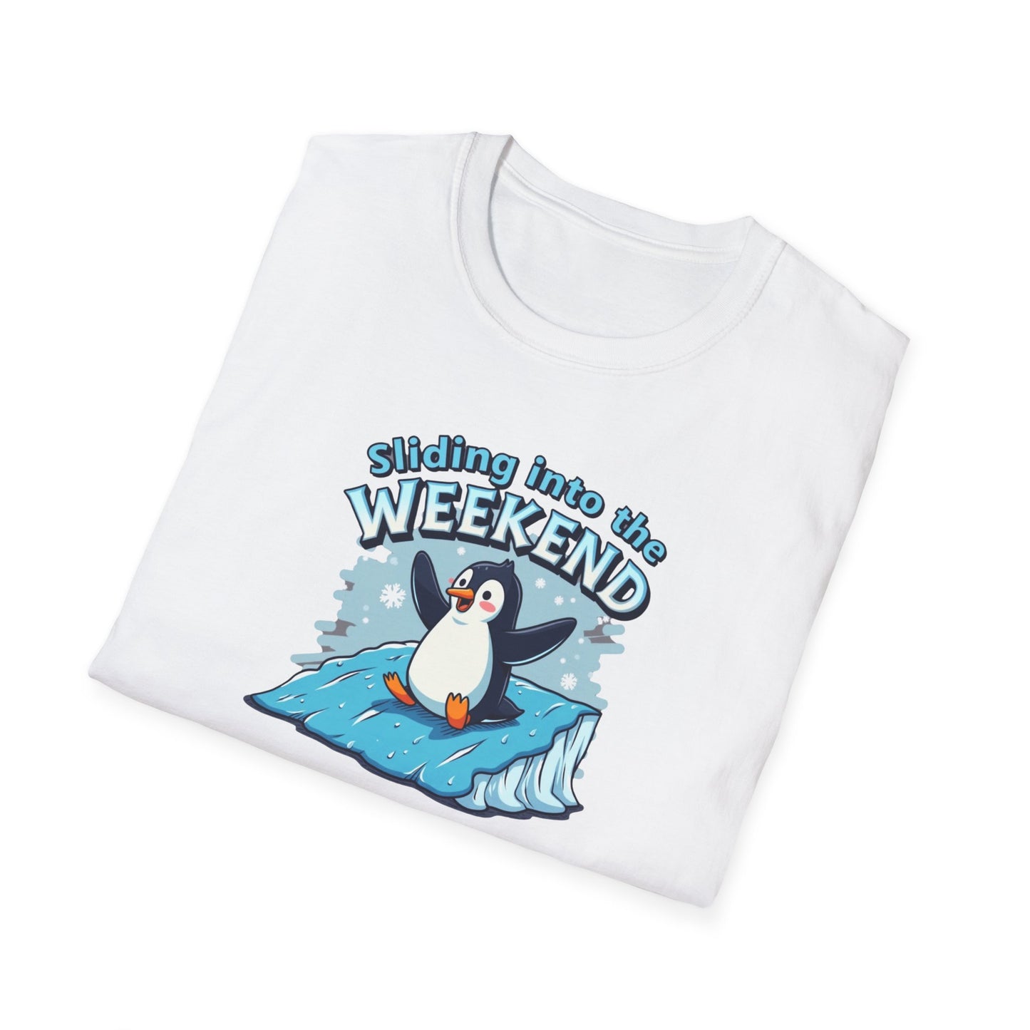 Sliding Penguin, Weekend Vibes T-Shirt, Funny Graphic Tee, Penguin Design Shirt, Casual Apparel, Unisex Softstyle T-Shirt - Psychonaut Swag