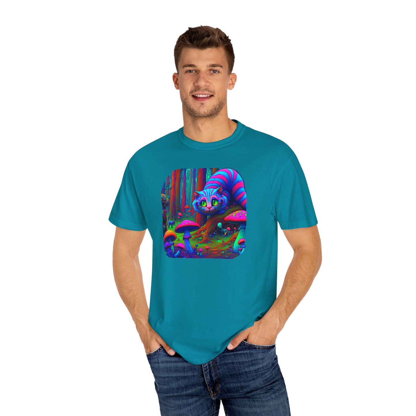 Curious Cat with mushrooms, Unisex Garment-Dyed T-shirt - Psychonaut Swag