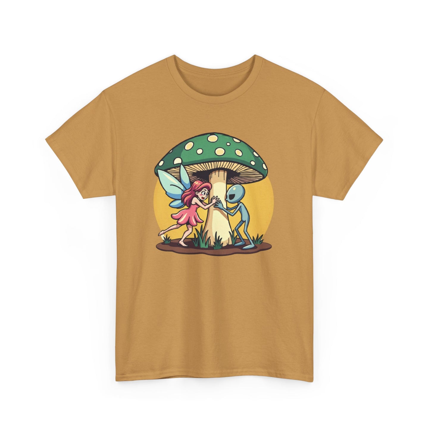 Alien chased by Fairy, Mushroom Unisex Heavy Cotton Tee - Psychonaut Swag