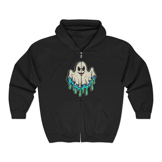 Drippy Ghost Zip Hoodie — Cute Spooky Graphic Halloween Sweatshirt
