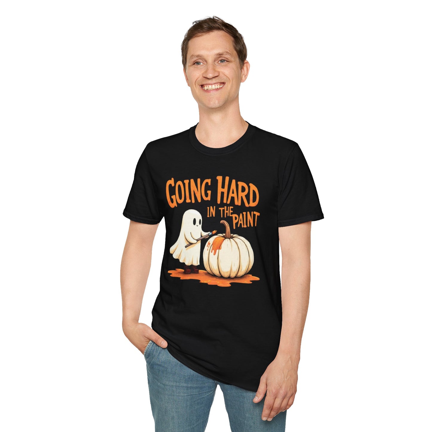 Halloween Ghost painting, T-Shirt, Fun Halloween Shirt, Unisex Softstyle Tee, Autumn Apparel, Pumpkin Design Tee
