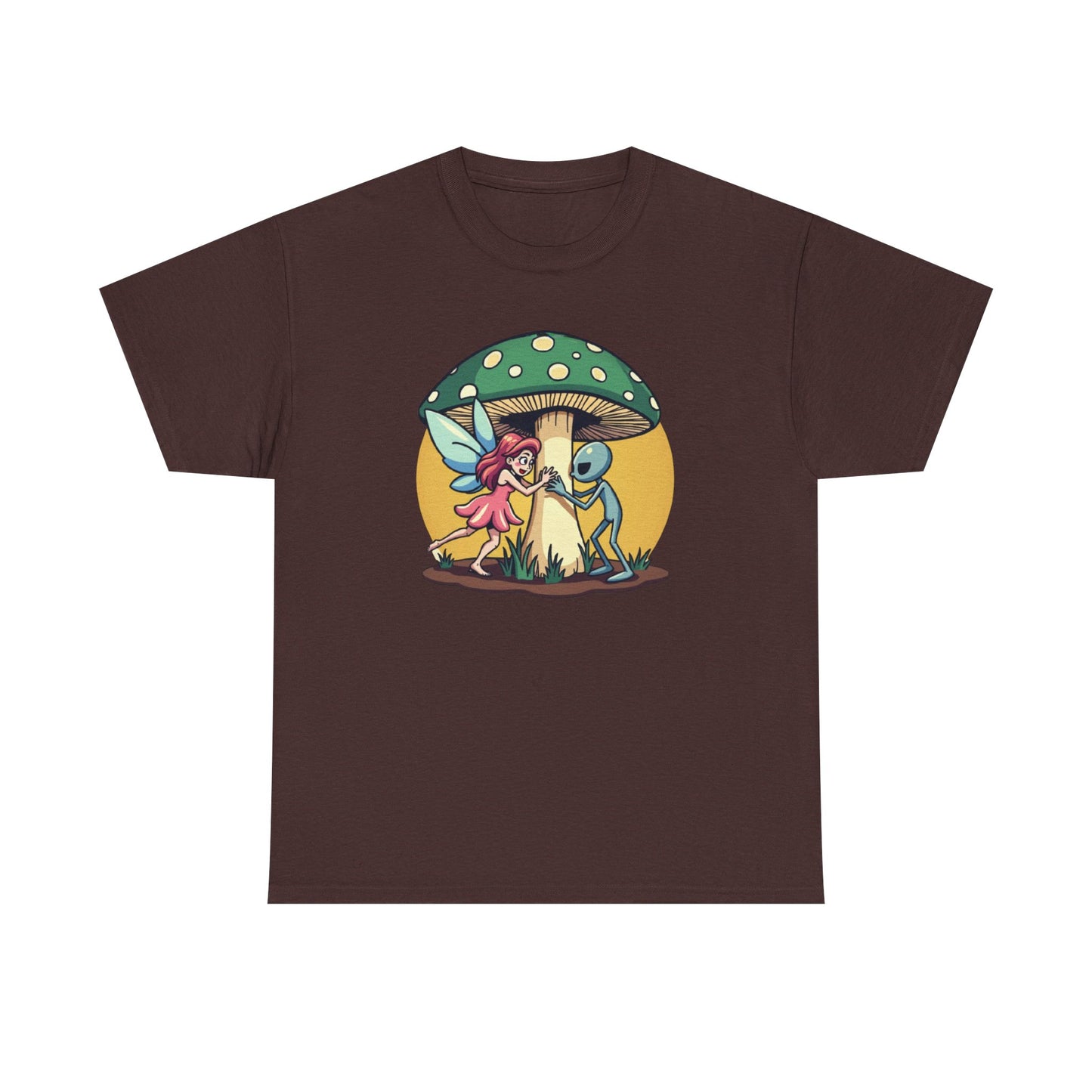 Alien chased by Fairy, Mushroom Unisex Heavy Cotton Tee - Psychonaut Swag