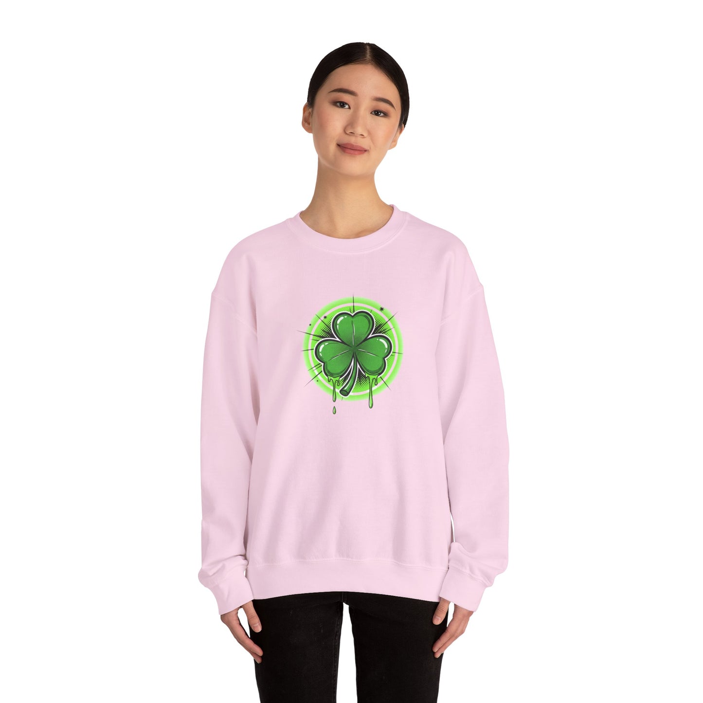 Oozing with Luck, Four-Leaf Clover Crewneck Sweatshirt — Neon Lucky Shamrock St. Patrick’s Day Pullover