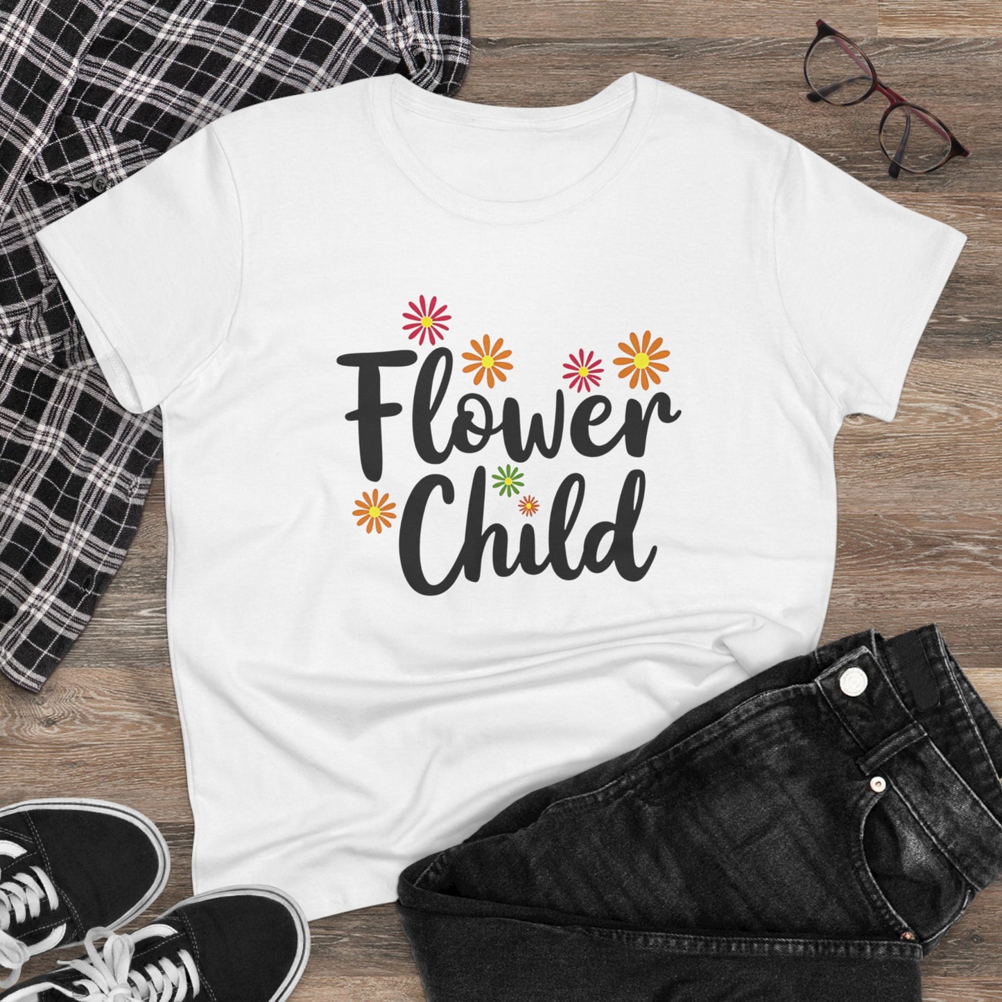Flower Child Women's Midweight Cotton Tee - Boho Vintage Style Shirt for Everyday Wear - Psychonaut Swag