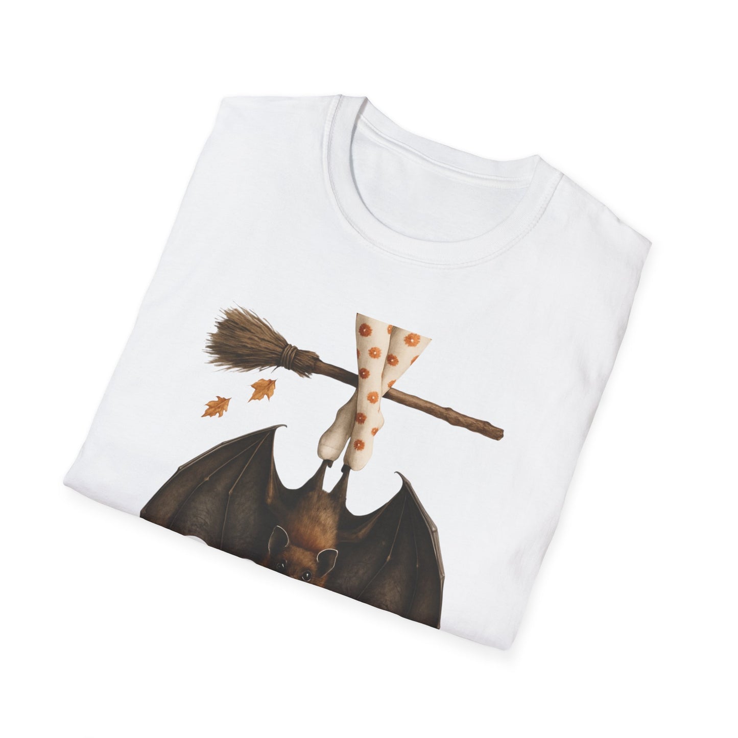 Bat and Bubblegum Unisex Softstyle T-Shirt, Halloween Top, Whimsical Graphic Tee, Cute Gift for Animal Lovers, Fall Vibes